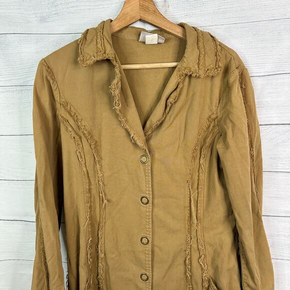 XCVI Womens Medium Vintage Long Frayed Jacket Made USA Cotton Tan Lagenlook - Picture 3 of 9